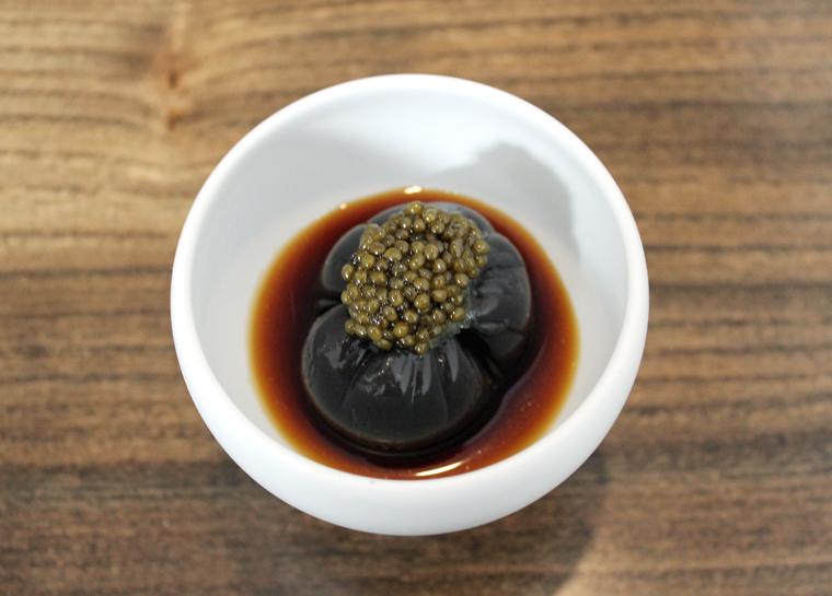 A wiggly-jiggly black sesame tofu.