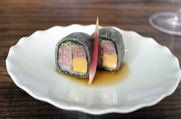 Tuna belly and monkfish liver rolled up in kombu and daikon.