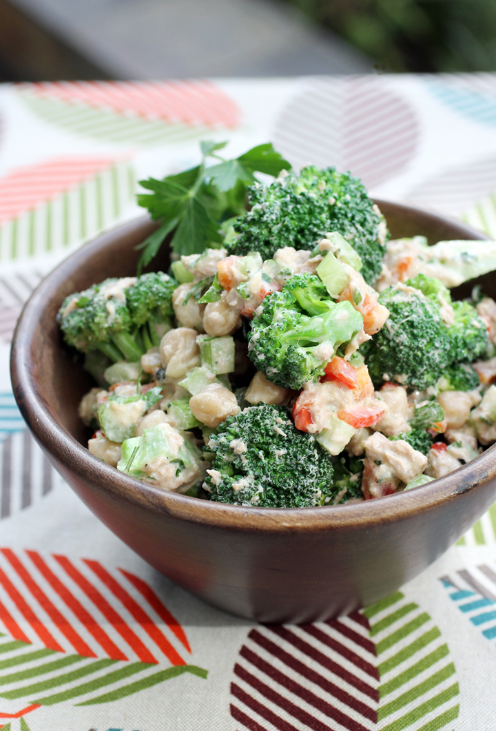 Tuna salad made hearty with broccoli, chickpeas and a tangy yogurt dressing.