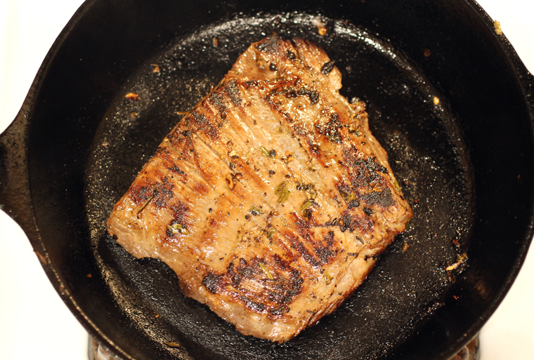 A heavy pan that retains heat cooks a steak beautifully.