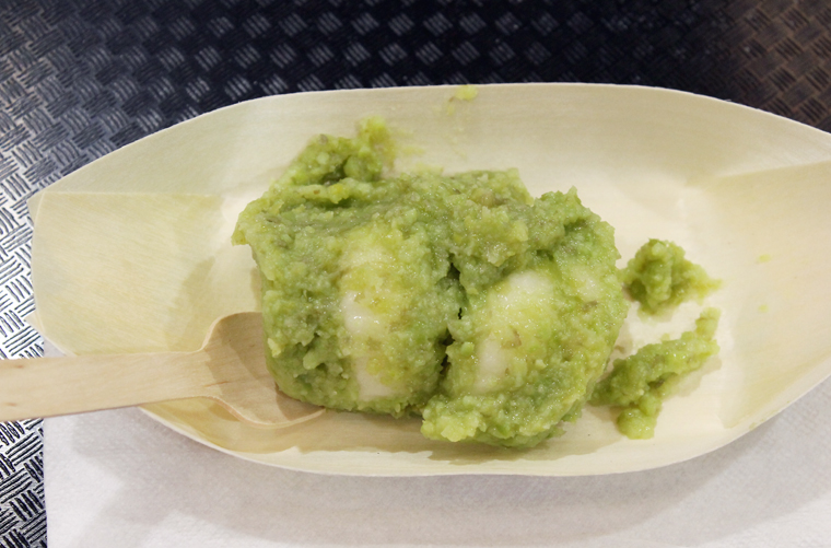 Edamame mochi -- chewy, sticky, sweet, and with a back note of soybean-iness.