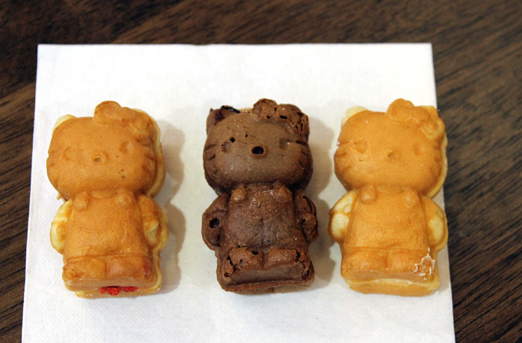 Such as chocolate-, custard-, and jam-filled Hello Kitty waffles (akin to taiyaki).
