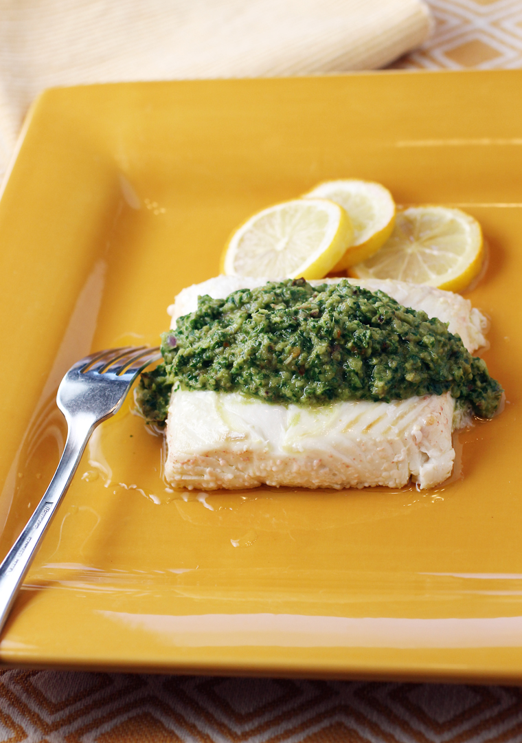 Halibut cooked in olive oil -- a lot of it.
