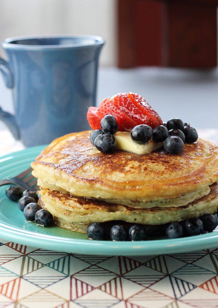 Fluffy, oat-fortified pancakes to greet the day.