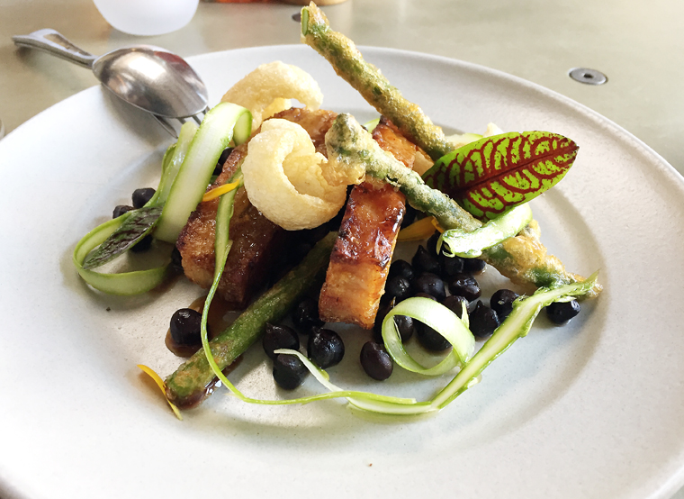 Dreamy pork belly with tempura asparagus.