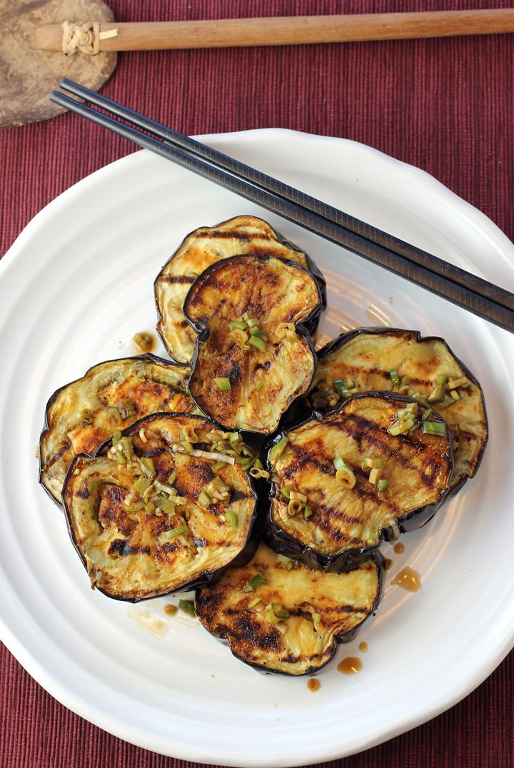 Grilled eggplant dressed up with a quick soy sauce-serrano dressing.