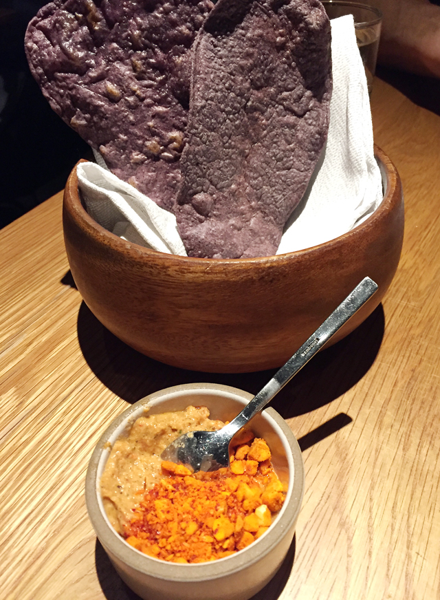 Complimentary purple tortillas and Marcona almond dip.