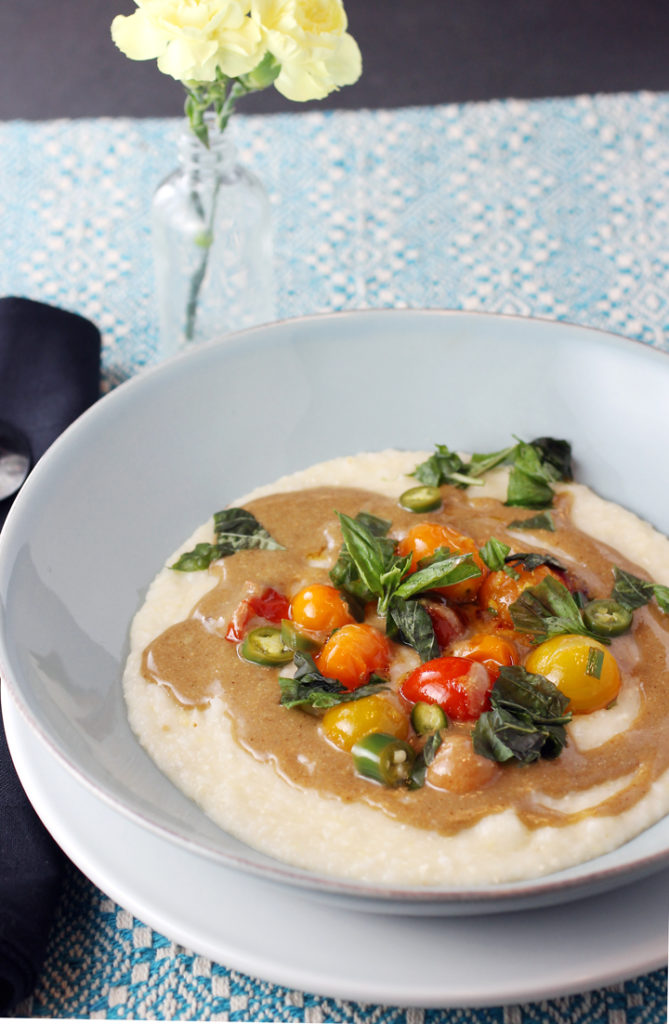 Creamy Grits with Blistered Tomatoes, Pickled Serrano Chiles, and