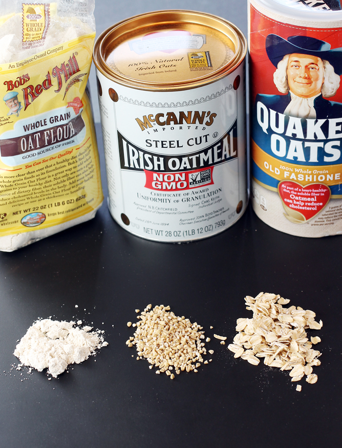 Oat flour, steel-cut oats, and rolled oats.