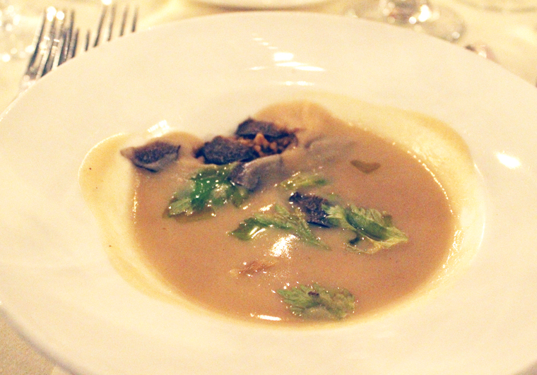 A little black truffle action on Bazirgan's celery root and apple soup.