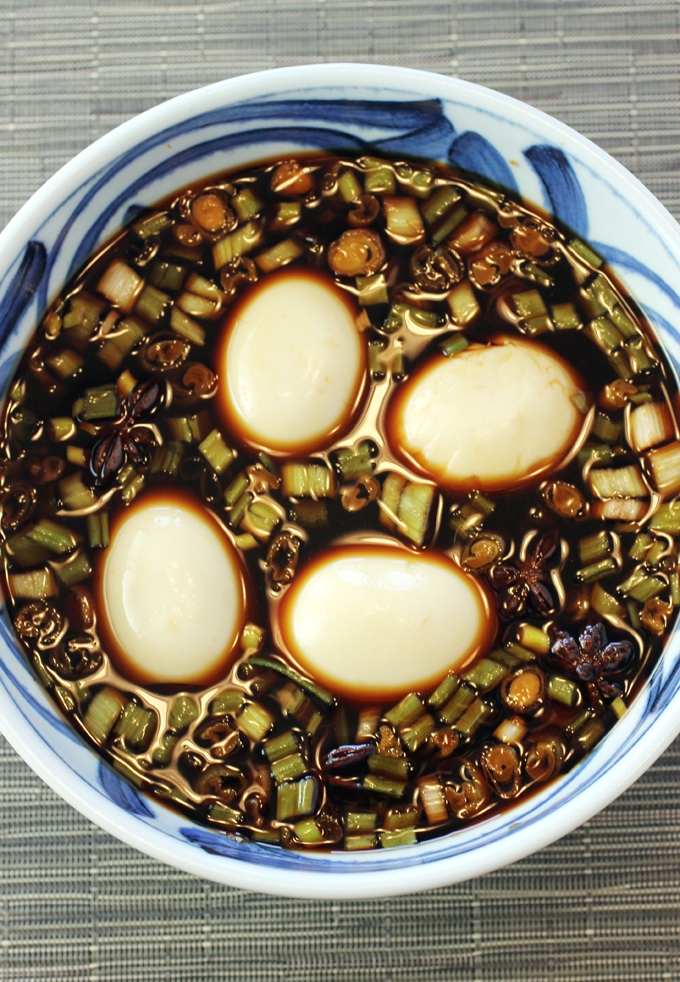 Hard-boiled eggs marinating in a heavenly soy sauce mixture.