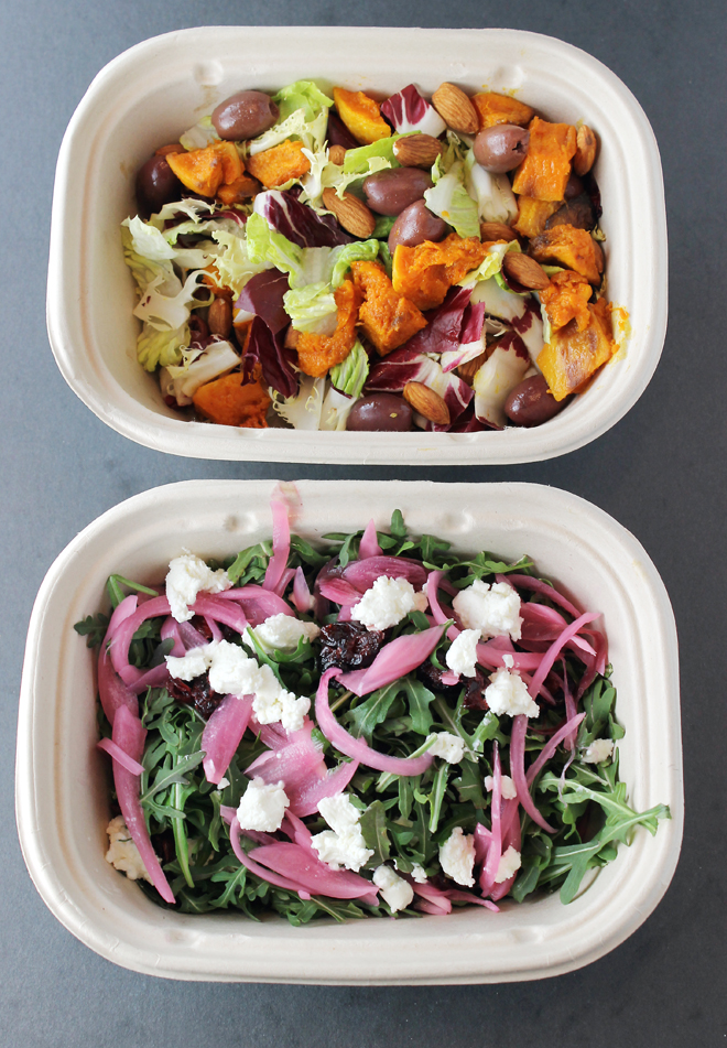 A duo of salads: arugula (lower) and chicory (upper).