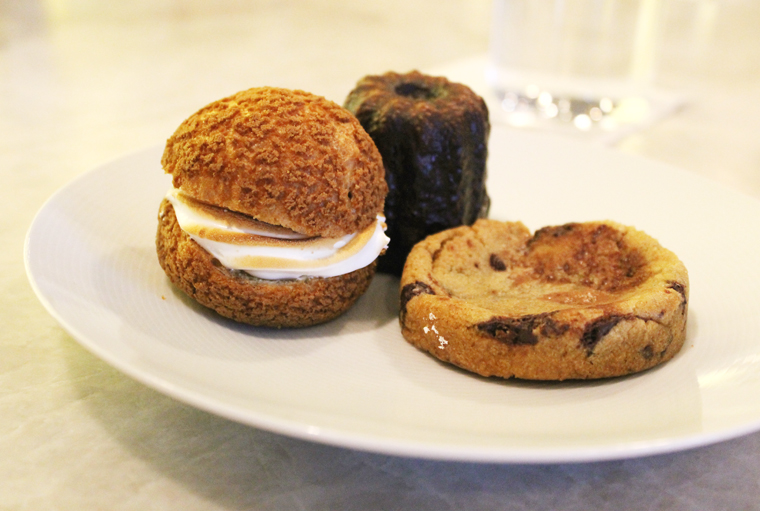 Banana-cream cream puff, chocolate chip cookie and canale.