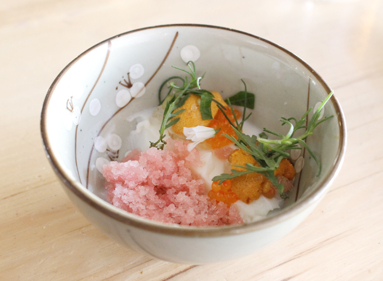 A dish that reminded me of spring cherry blossoms -- with uni and rhubarb granita.