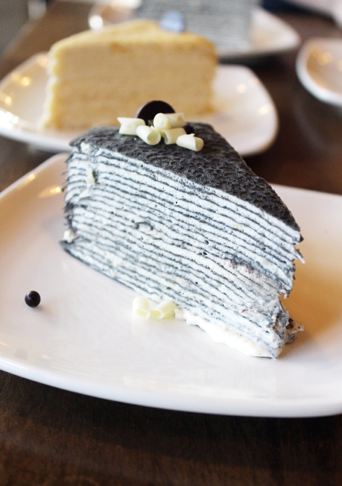 Hokkaido milk crepe cake done up with activated charcoal for a unique look.