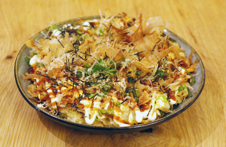 Okonomiyaki with plenty of bonito flakes and Kewpie mayo.