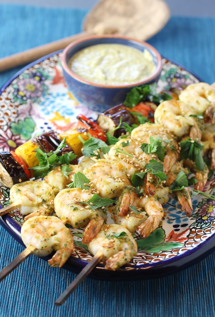Tahini helps marinade the shrimp and creates the foundation for the dipping sauce.