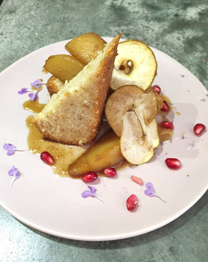Vegan hazelnut cake with pear compote by Oakland's Millennium restaurant, which will be featured in the book.