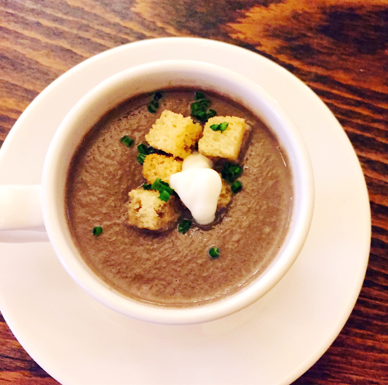 Peter Armellino's mushroom soup garnished with croutons.