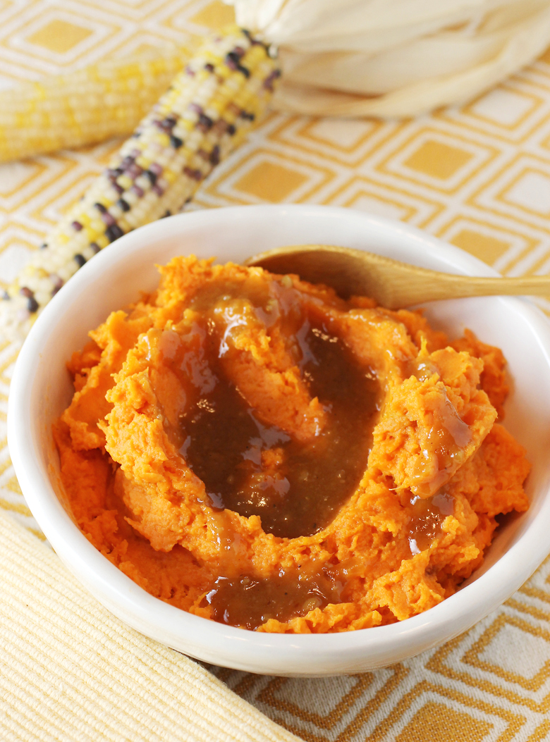 Mashed, roasted sweet potatoes get enlivened with miso, ponzu and maple syrup.