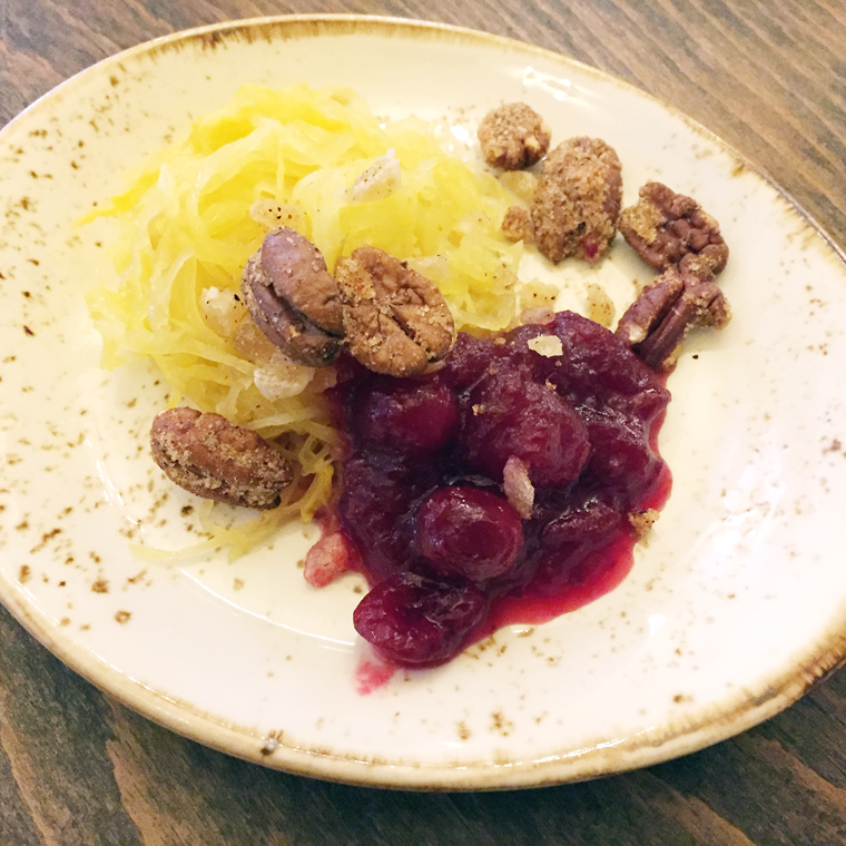Spaghetti squash, candied pecans and cranberry sauce.