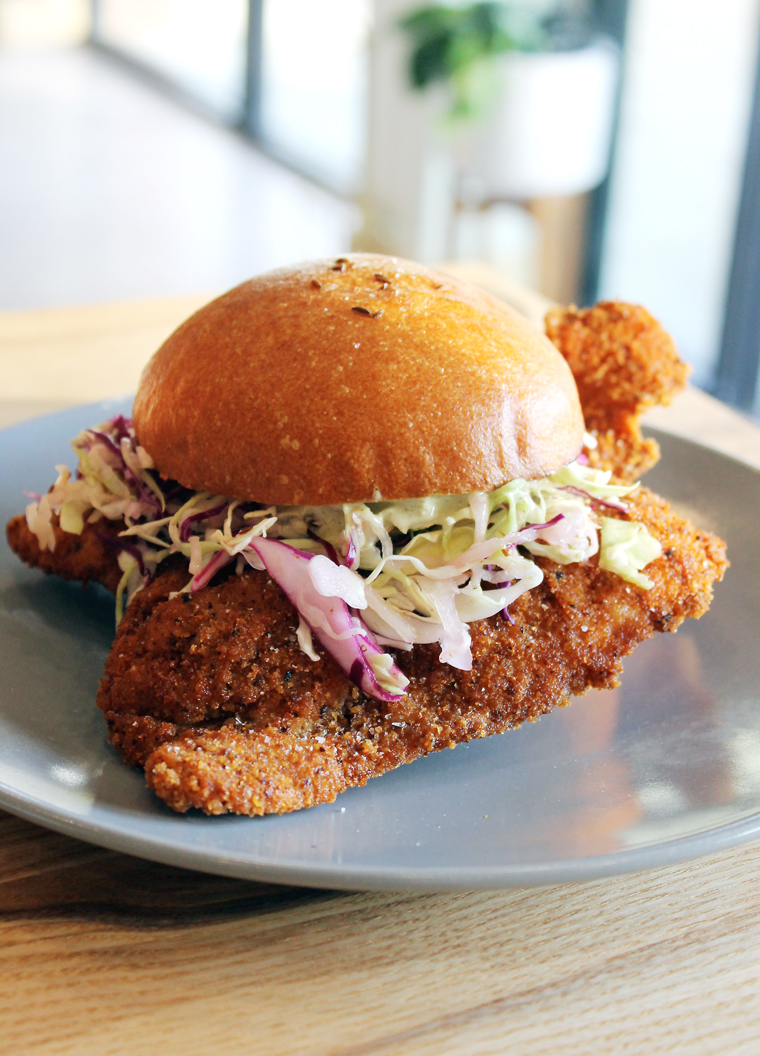 A two-fisted chicken schnitzel at the new Manresa Bread in Campbell.