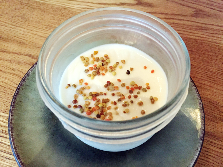 Honey panna cotta dressed up with bee pollen.