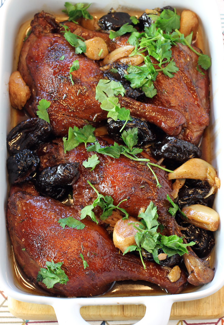 Duck legs get a lot of love with red wine and dried plums.