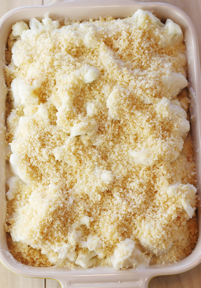Cauliflower florets get tossed in a creamy sauce made of pureed cauliflower before being baked.