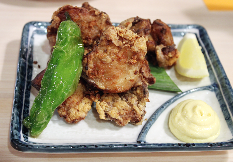 Chicken karaage with a squirt of egg salad sauce.