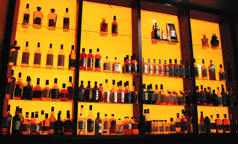 Shelves in the whiskey lounge.
