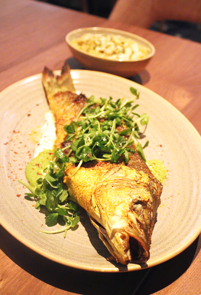 Whole branzino with spicy zhoug sauce.