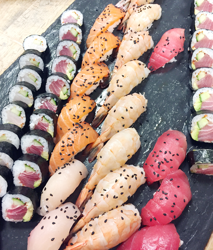 A spread of sushi -- before the dinner even starts.