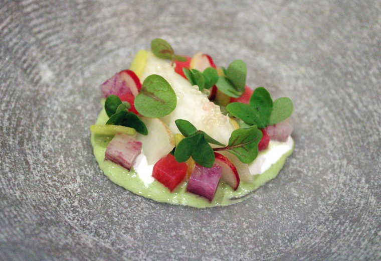 Served with this pretty dish of pickled radish and geoduck.