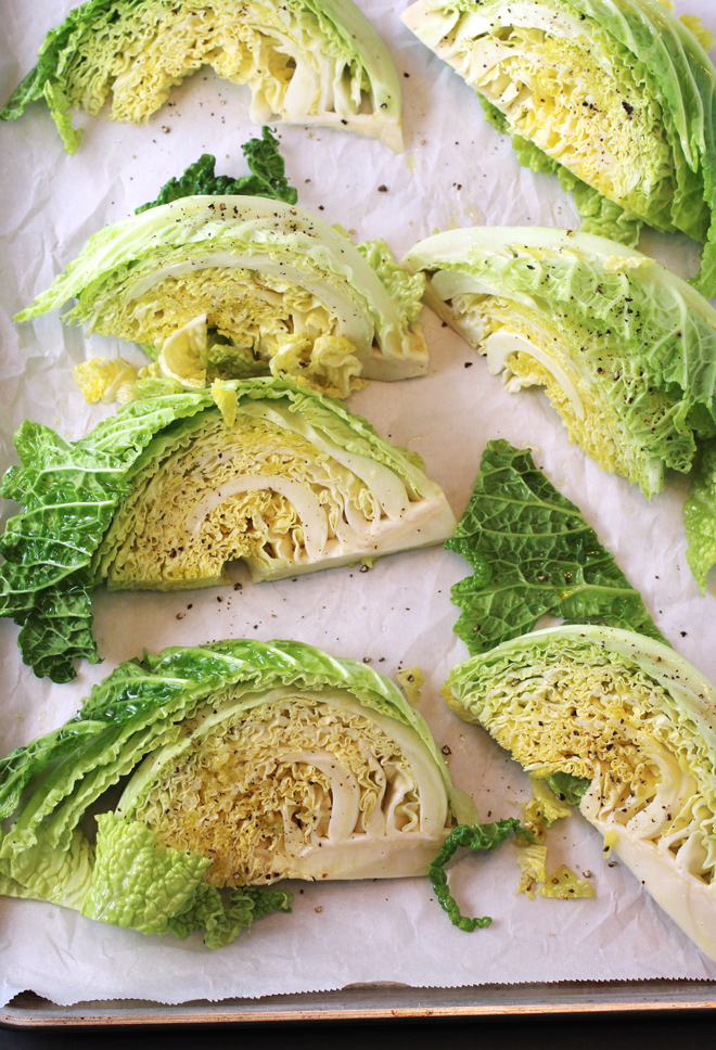 Cabbage wedges get ready for the first roasting.