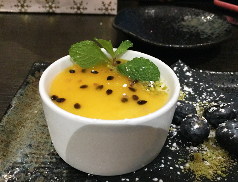Coconut panna cotta with passion fruit.