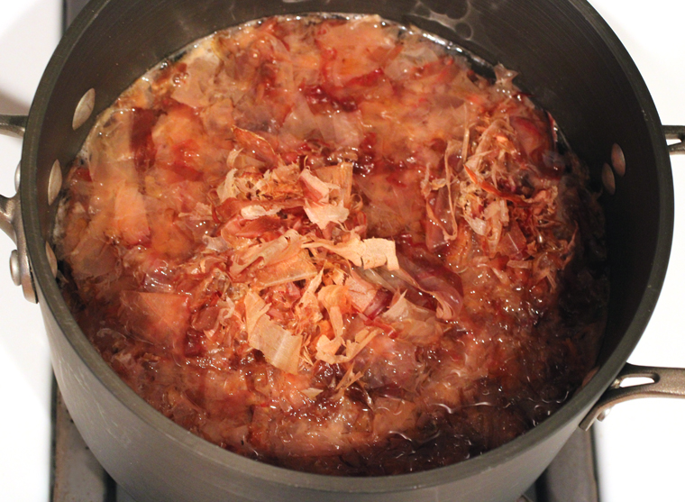 Bonito flakes soaking for the dashi.