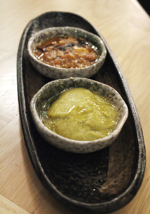 Eggplant chutney and mango chutney.