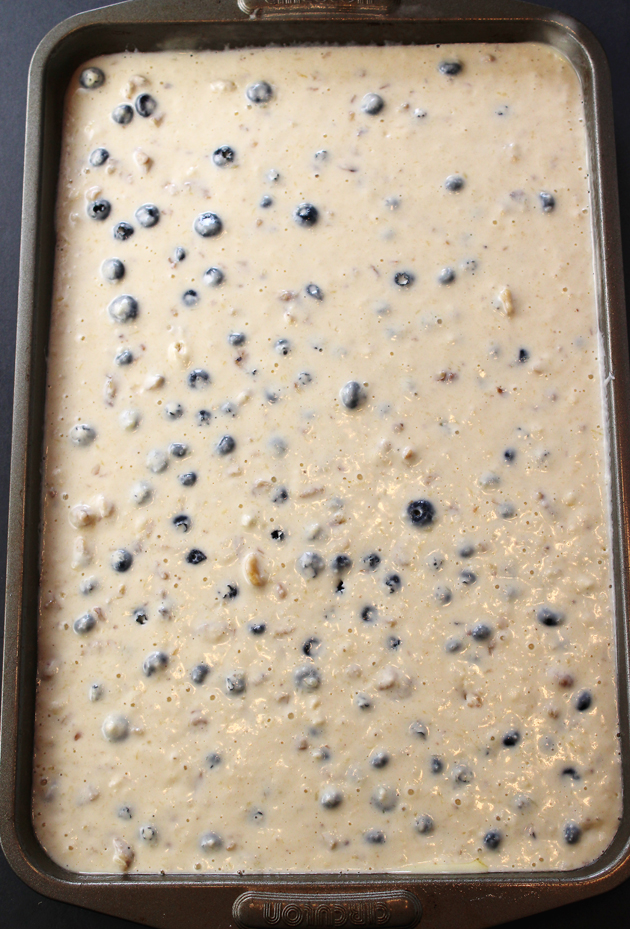 The pancake batter gets poured into one sheet pan to bake in the oven.