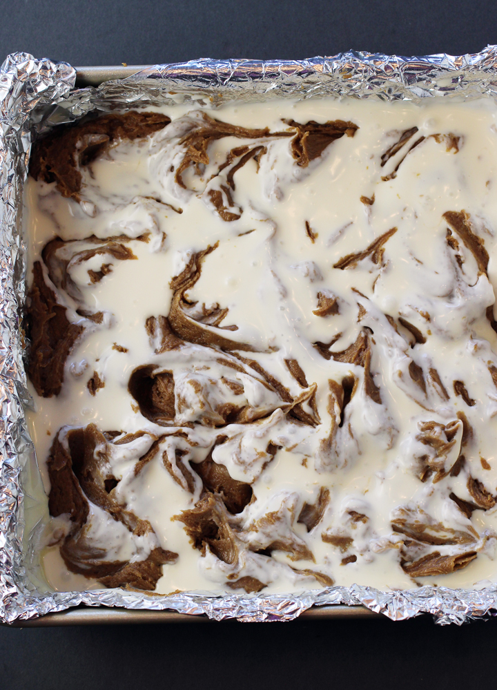 The two batters get swirled together in one pan.