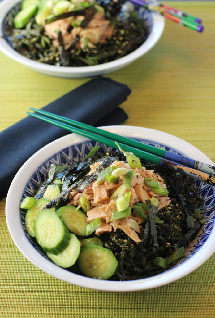 A Japanese-style noodle salad with canned (or jarred) tuna at its center.