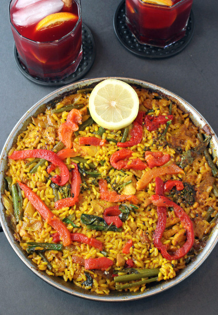 My chicken, broccolini and spring garlic paella that I made with the help of Teleferic Barcelona's paella kit. With it, the restaurant's to-go red sangria.