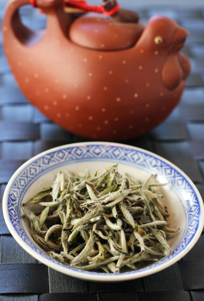 Bai Hao Yin Zhen -- young, fuzzy tea leaves just harvested in April in Fujian, China.