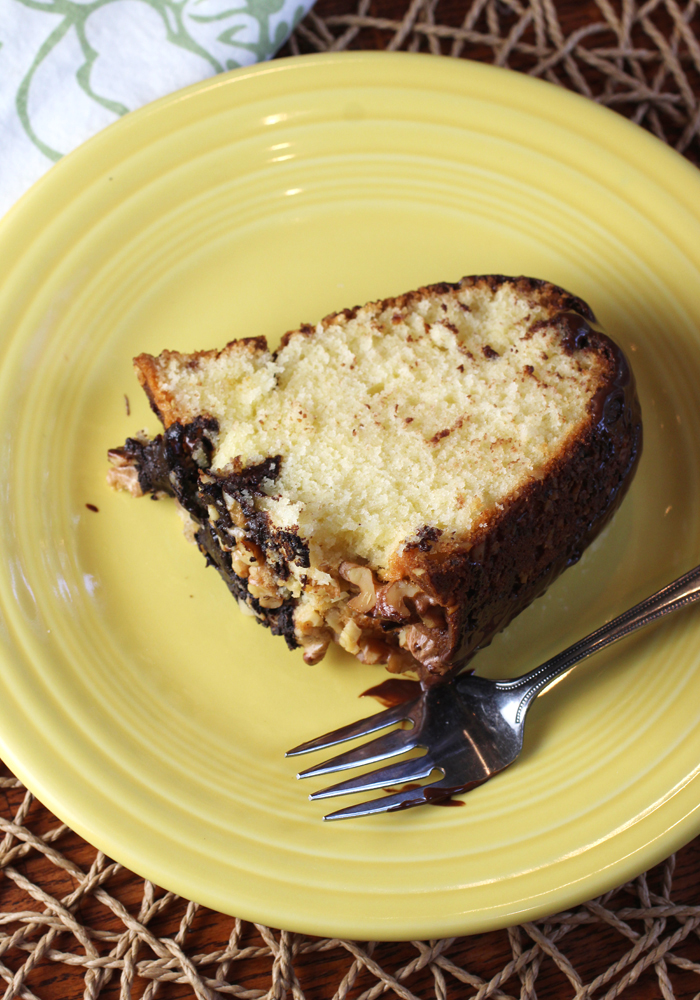 A very rich, buttery tasting cake with the crunch of nuts all over.