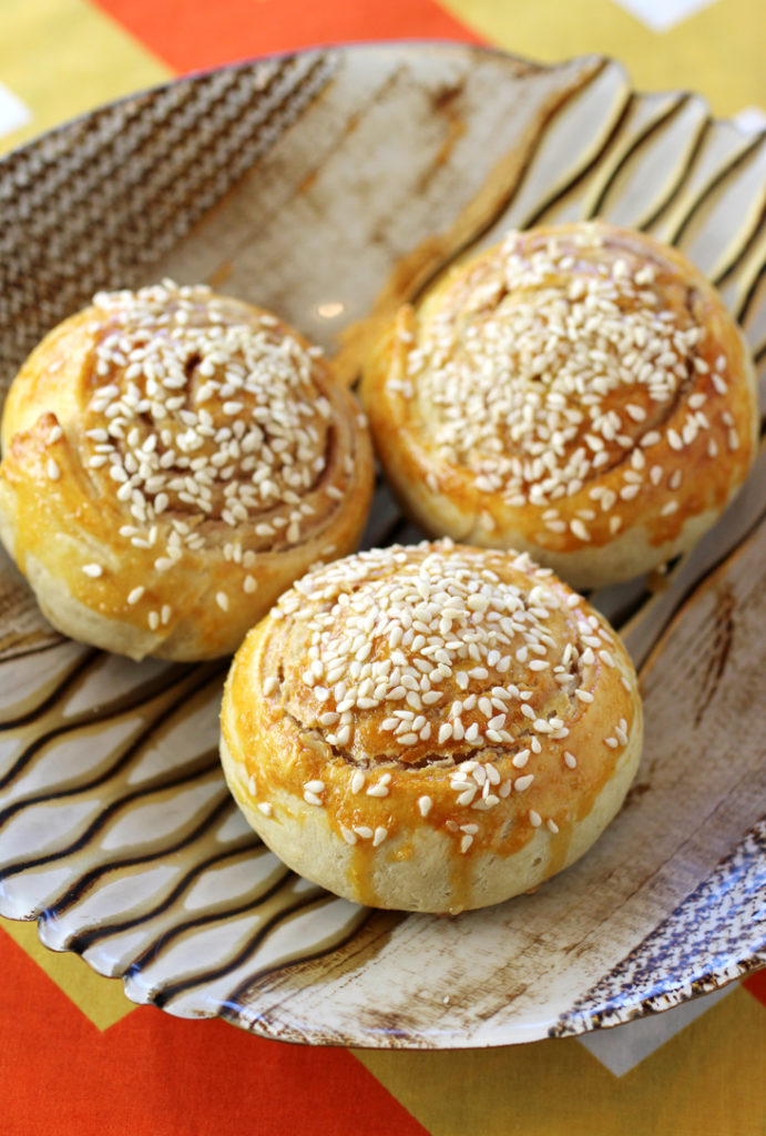 Beautifully golden rolls swirled with cinnamon sugar and tahini.
