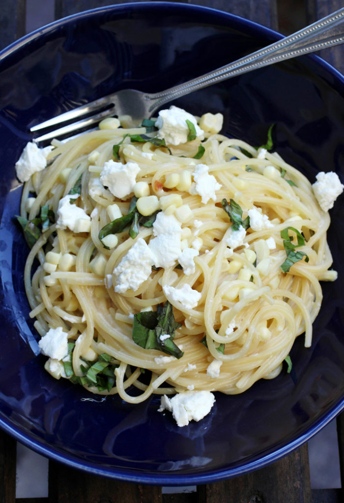 Fresh corn is used two ways in this delicious pasta dish.