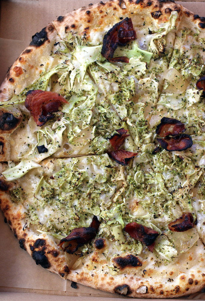 A novel broccoli and pancetta pizza from Pizza Antica.