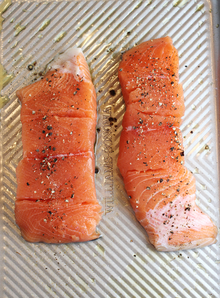 The raw salmon fillets ready to go into the oven.