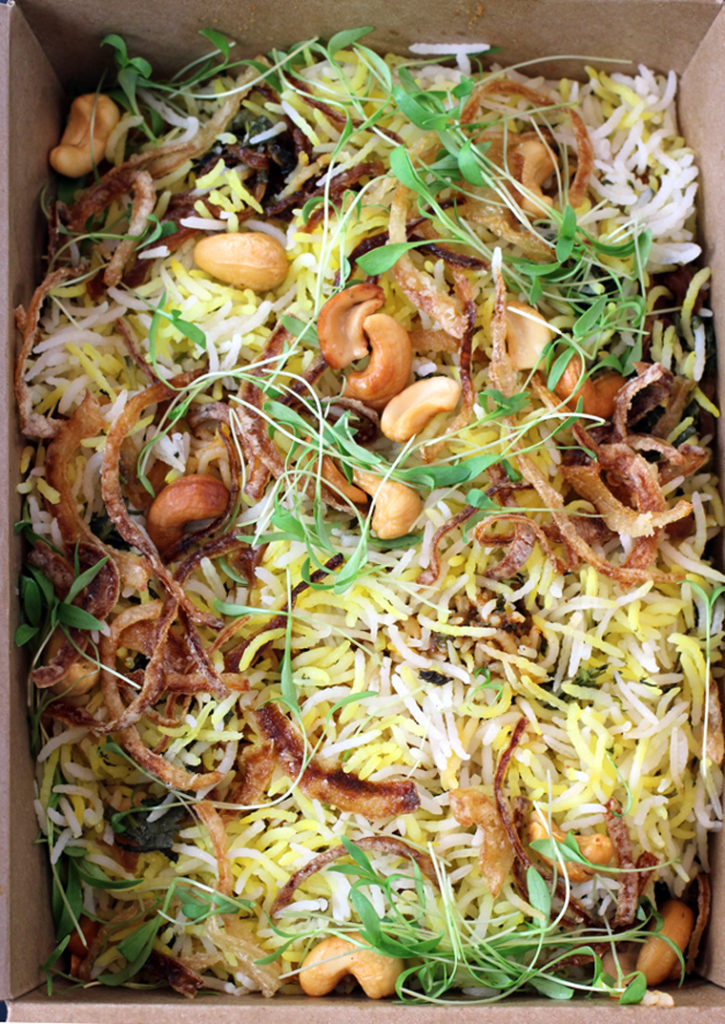 A brimming box of chicken Pulao from Ettan in Palo Alto.