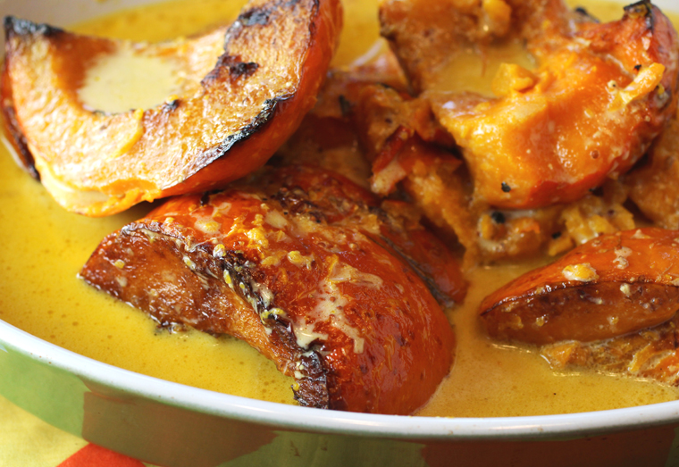 My kind of carbs -- fall-apart tender squash in a mustardy cream sauce.